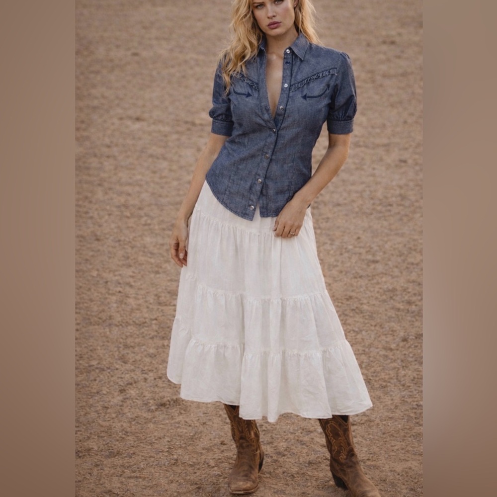 G Star Raw Western Kick Puff Snap Top Women L Ruffle Structured Denim Rodeo Yoke